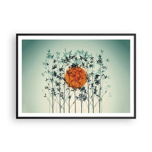 Plakat w czarnej ramie - Pomarańczowe słońce wśród bambusowych gałęzi - 100x70cm - Japońskie słońce - Nowoczesna dekoracja ścienna do salonu i sypialni ARTTOR