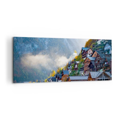 Obraz na płótnie - Górska wioska nad jeziorem w jesiennej scenerii - 120x50cm - Alpejskie klimaty - Nowoczesna dekoracja ścienna do salonu i sypialni ARTTOR