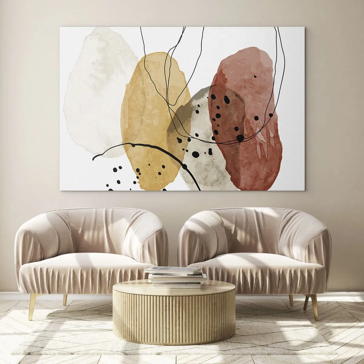 Obraz na szkle - Abstrakcyjne plamy w kolorach ziemi z cienkimi liniami - 70x50cm - Jak powietrze lekkie, przejrzyste - Nowoczesna dekoracja ścienna do salonu i sypialni ARTTOR