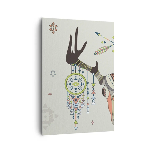 Obraz na płótnie - Boho dekoracja z czaszką jelenia i łapaczami snów - 70x100cm - Trofeum indiańskiego łowcy - Nowoczesna dekoracja ścienna do salonu i sypialni ARTTOR