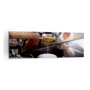 Obraz na płótnie - Zbliżenie na ekspres do kawy przygotowujący świeże espresso - 160x50cm - Dobra chwila dnia - Nowoczesna dekoracja ścienna do salonu i sypialni ARTTOR