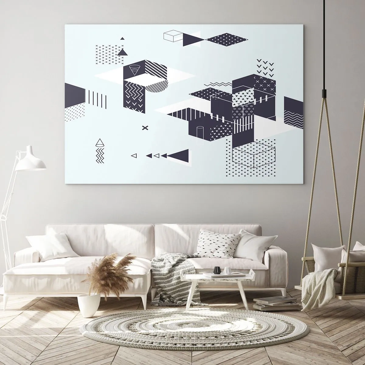 Obraz na szkle - Abstrakcyjna kompozycja geometryczna w czarno-białych barwach na jasnym tle - 100x70cm - W duszy matematyka - Nowoczesna dekoracja ścienna do salonu, kuchni i sypialni ARTTOR