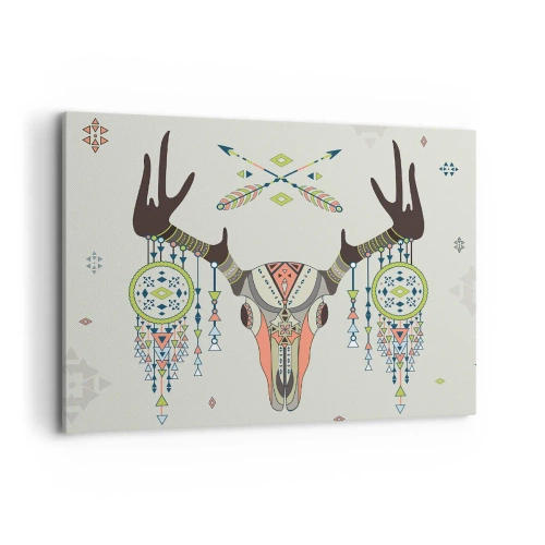 Obraz na płótnie - Boho dekoracja z czaszką jelenia i łapaczami snów - 120x80cm - Trofeum indiańskiego łowcy - Nowoczesna dekoracja ścienna do salonu, kuchni i sypialni ARTTOR
