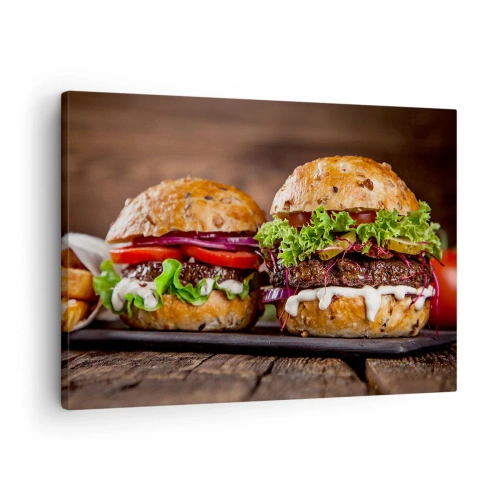 Obraz na płótnie - Apetyczne burgery z warzywami i sosem - 70x50cm - American dream - Nowoczesna dekoracja ścienna do salonu i sypialni ARTTOR
