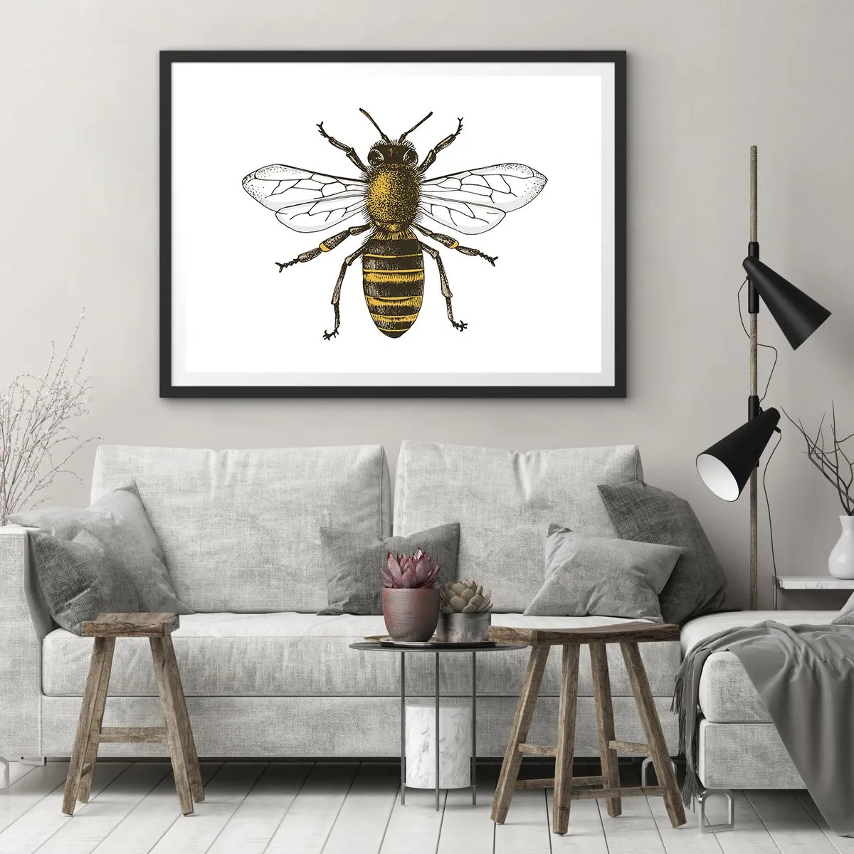 Plakat w czarnej ramie - Szczegółowa ilustracja pszczoły na białym tle - 70x50cm - Piękna i dobra - Nowoczesna dekoracja ścienna do salonu i sypialni ARTTOR