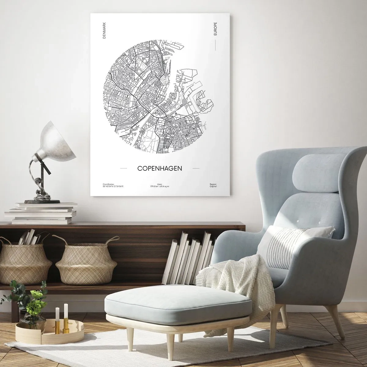Obraz na szkle - Mapa Kopenhagi w minimalistycznym, czarno-białym stylu - 70x100cm - Anatomia Kopenhagi - Nowoczesna dekoracja ścienna do salonu i sypialni ARTTOR