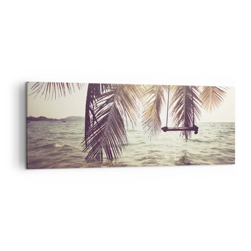Obraz na płótnie - Palma z huśtawką nad wodą w świetle słońca - 140x50cm - Można bujać w obłokach do woli - Nowoczesna dekoracja ścienna do salonu i sypialni ARTTOR