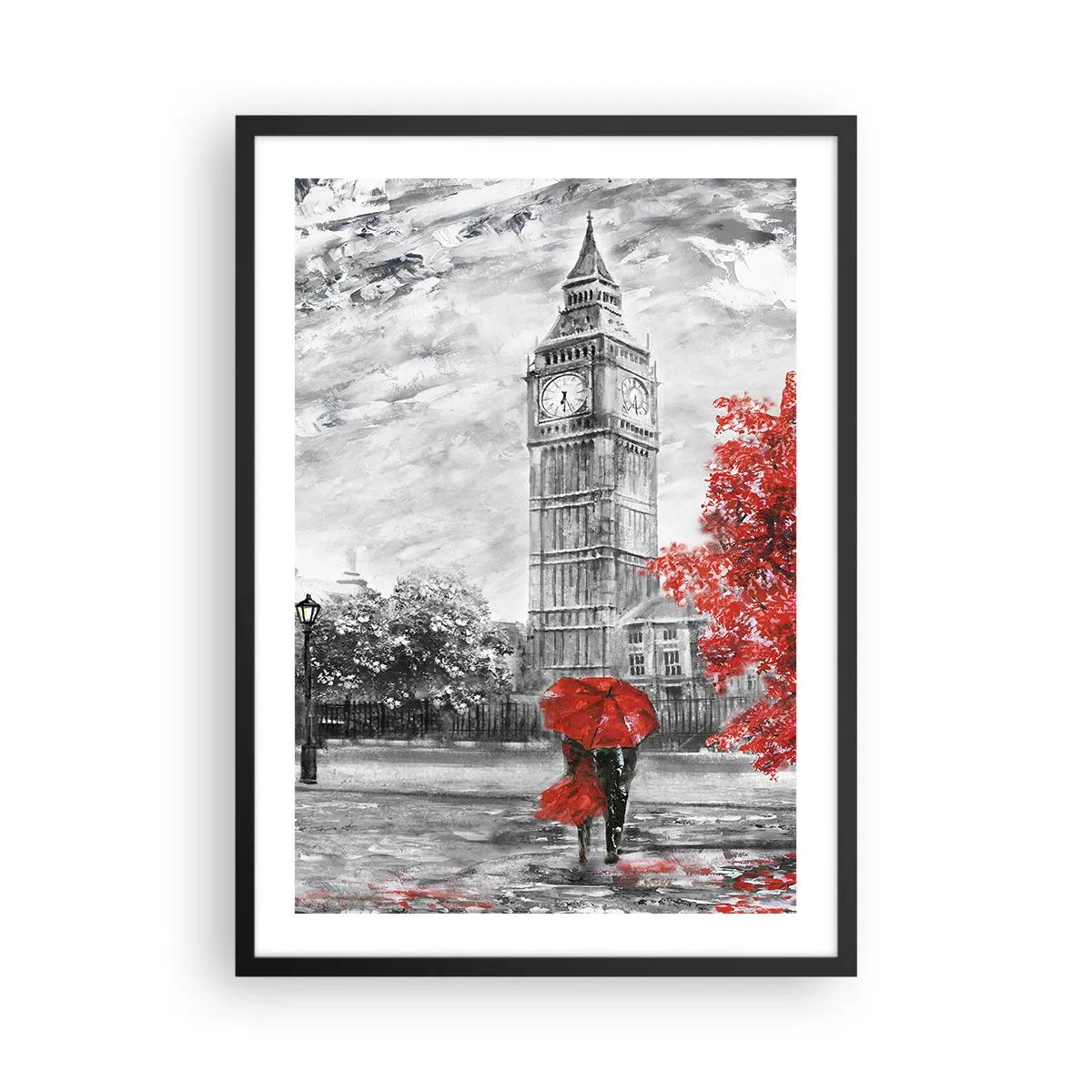 Plakat w czarnej ramie - Wieża zegarowa z czerwonym parasolem - 50x70cm - Ekscytujący dzień - Nowoczesna dekoracja ścienna do salonu i sypialni ARTTOR