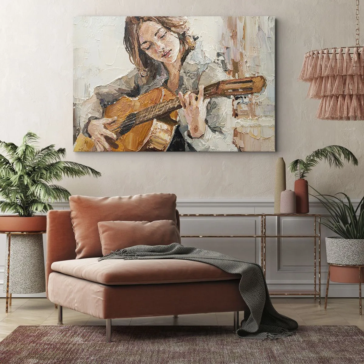Obraz na płótnie - Portret dziewczyny grającej na gitarze w malarskim stylu z ciepłymi barwami - 70x50cm - Koncert na gitarę i dziewczęce serce - Nowoczesna dekoracja ścienna do salonu i sypialni ARTTOR