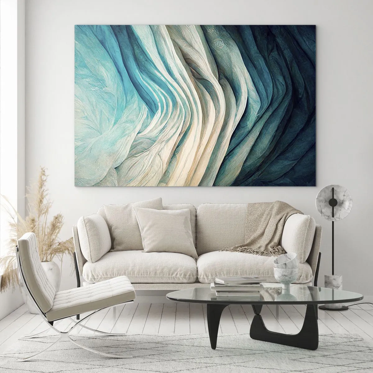 Obraz na szkle - Abstrakcyjne fale w odcieniach błękitu i beżu - 70x50cm - Błękitne nienasycenie - Nowoczesna dekoracja ścienna do salonu i sypialni ARTTOR