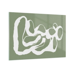 Obraz na szkle - Abstrakcyjna biała forma organiczna na tle oliwkowym - 70x50cm - Wołanie przestrzeni - Nowoczesna dekoracja ścienna do salonu i sypialni ARTTOR