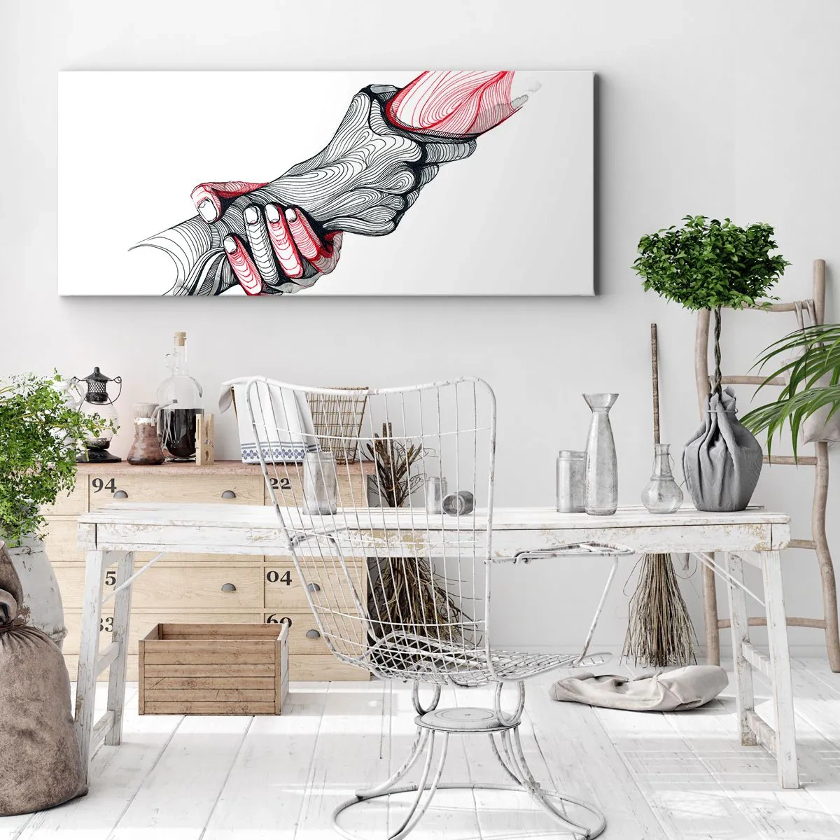 Obraz na płótnie - Artystyczne ręce trzymające się nawzajem w minimalistycznym stylu - 160x50cm - Jesteś w dobrych rękach - Nowoczesna dekoracja ścienna do salonu i sypialni ARTTOR