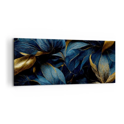 Obraz na płótnie - Eleganckie liście w złotych i granatowych odcieniach - 120x50cm - Złotem podszyte - Nowoczesna dekoracja ścienna do salonu i sypialni ARTTOR