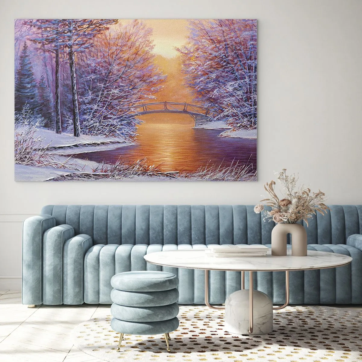 Obraz na szkle - Zimowy krajobraz z mostem i ośnieżonymi drzewami przy zachodzie słońca - 70x50cm - Spotkajmy się tu - Nowoczesna dekoracja ścienna do salonu i sypialni ARTTOR