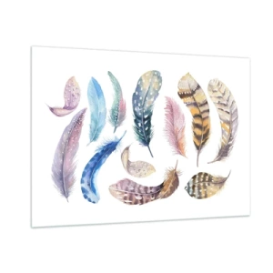 Obraz na szkle - Kolorowe pióra w artystycznym stylu na białym tle - 100x70cm - Lekkie, pstrokate i wielobarwne - Nowoczesna dekoracja ścienna do salonu, kuchni i sypialni ARTTOR