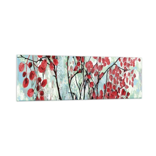 Obraz na szkle - Czerwone liście na tle jasnego nieba z abstrakcyjnymi wzorami - 160x50cm - Drzewo w szkarłacie - Nowoczesna dekoracja ścienna do salonu i sypialni ARTTOR