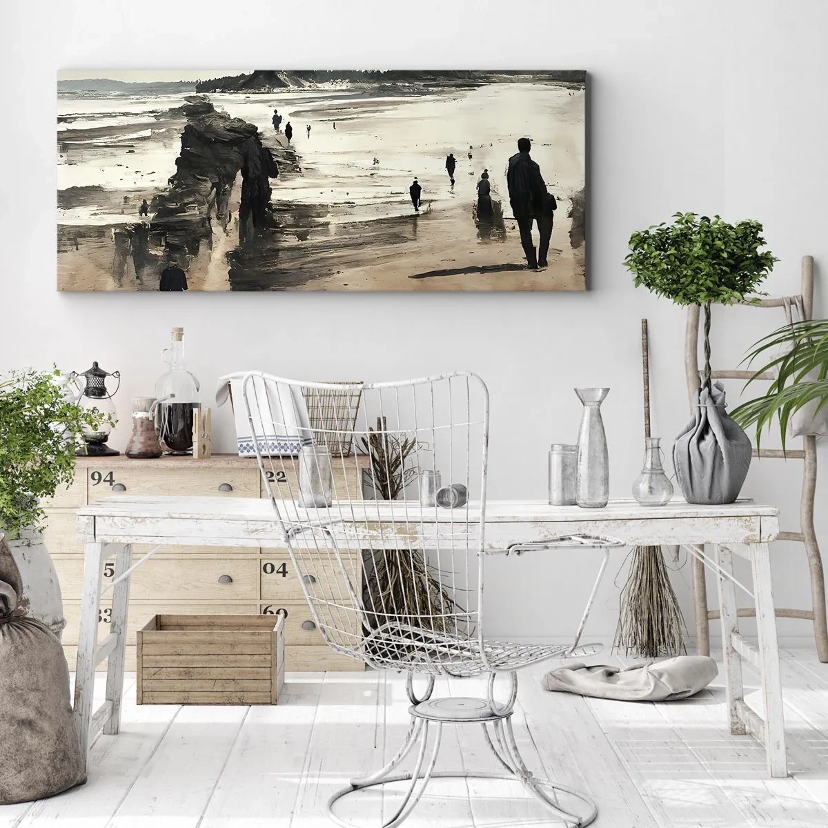 Obraz na płótnie - Spacerowicze na plaży w spokojnym pejzażu - 160x50cm - Przywołani - Nowoczesna dekoracja ścienna do salonu i sypialni ARTTOR