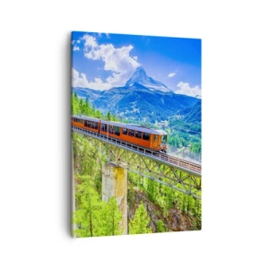 Obraz na płótnie - Górski pociąg przejeżdżający przez most z widokiem na Matterhorn - 50x70cm - Kolej na Alpy - Nowoczesna dekoracja ścienna do salonu, kuchni i sypialni ARTTOR