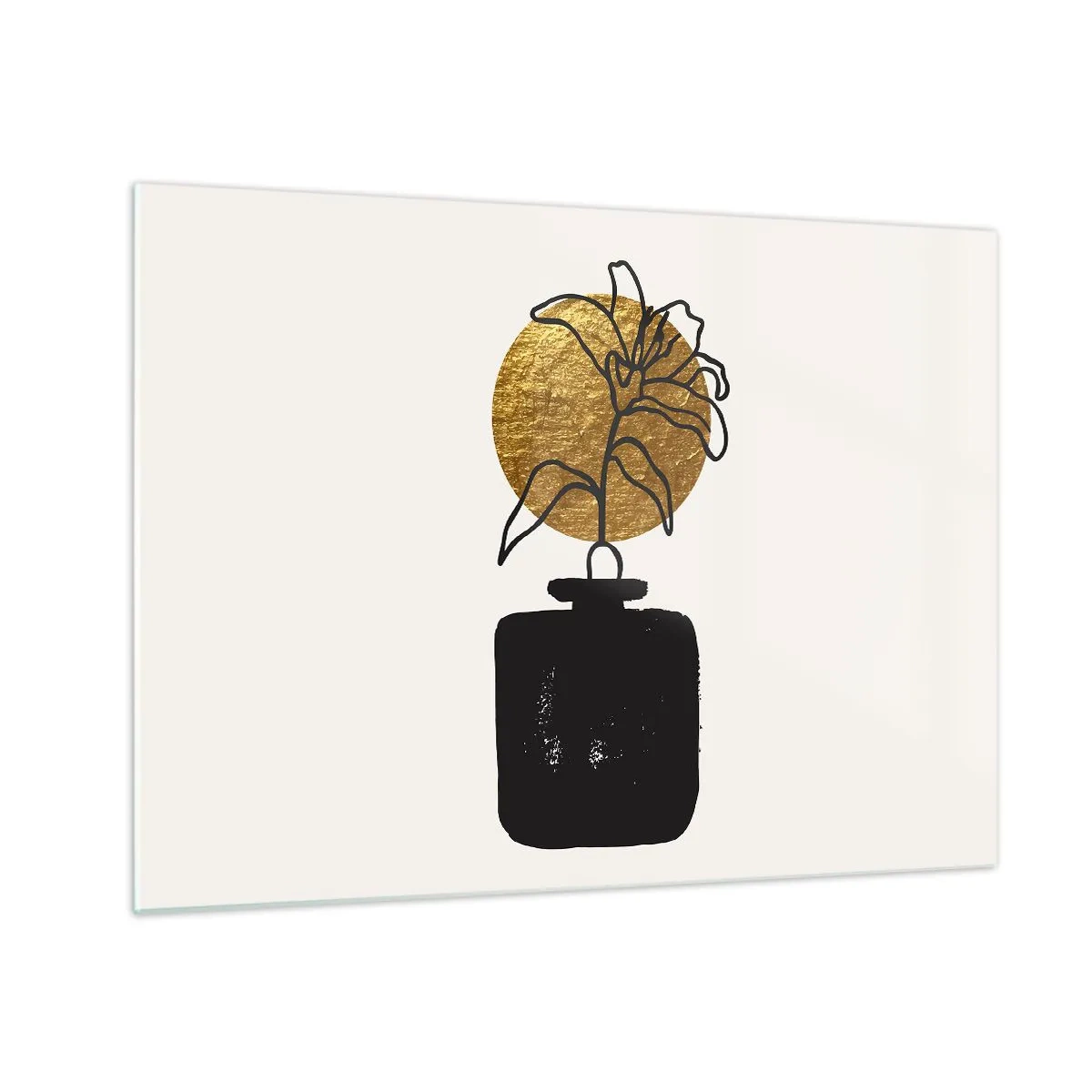 Obraz na szkle - Minimalistyczna grafika z kwiatem w złotym kole i czarnym wazonie - 70x50cm - Piękno na wagę złota - Nowoczesna dekoracja ścienna do salonu i sypialni ARTTOR