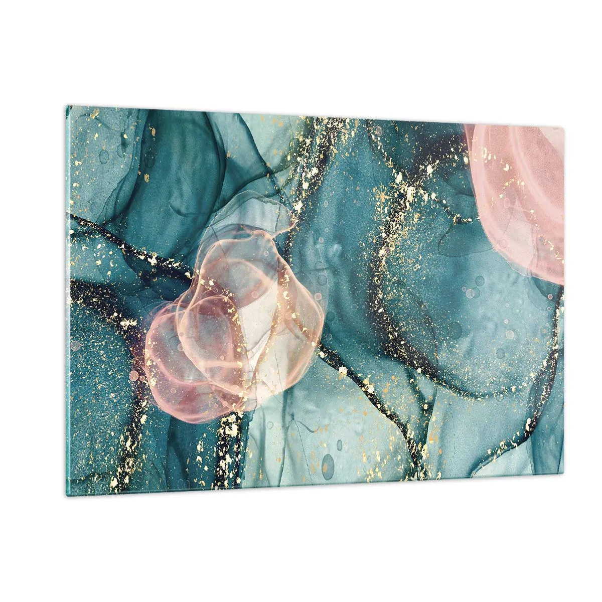Obraz na szkle - Abstrakcyjne kształty w błękicie i różu ze złotymi detalami - 120x80cm - Jedwabny błękit, tiulowy róż - Nowoczesna dekoracja ścienna do salonu, kuchni i sypialni ARTTOR