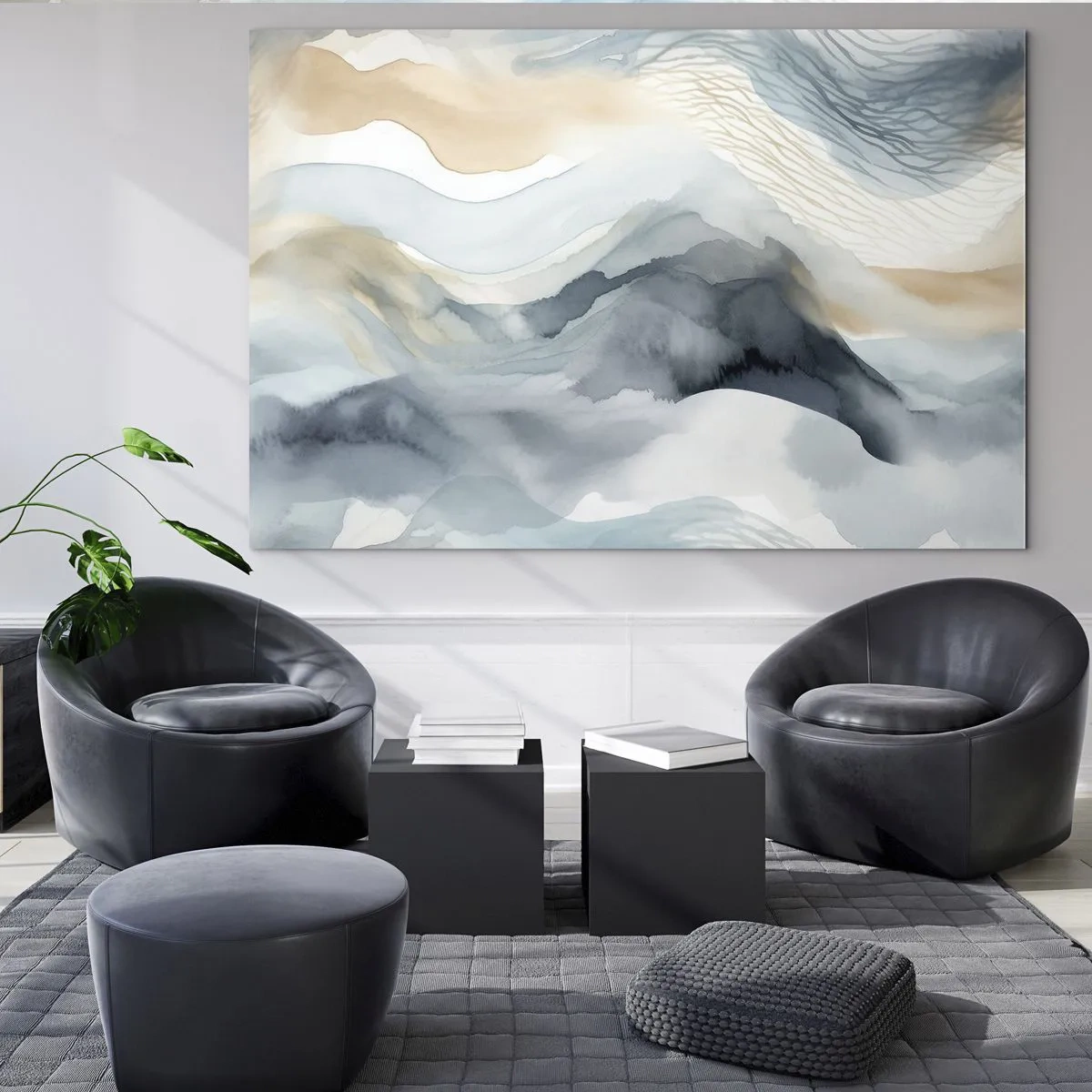Obraz na szkle - Abstrakcyjne fale w odcieniach beżu i błękitu - 70x50cm - Abstrakcja śnieżna i mglista - Nowoczesna dekoracja ścienna do salonu i sypialni ARTTOR