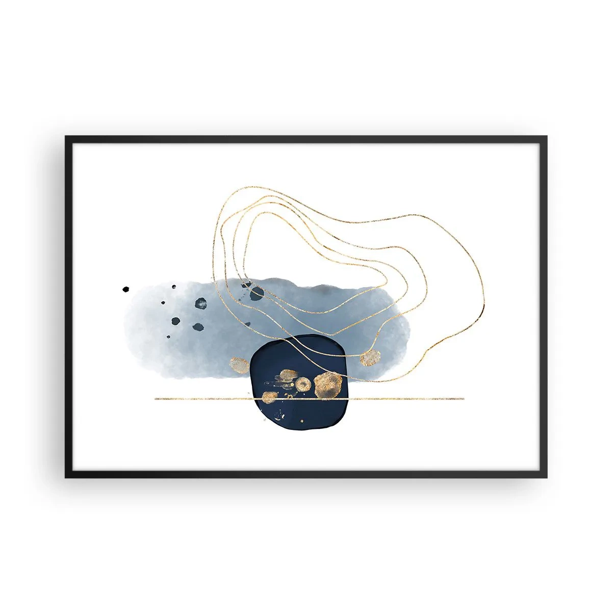 Plakat w czarnej ramie - Abstrakcja w odcieniach niebieskiego i złotego - 100x70cm - Niebiesko-złota fantazja - Nowoczesna dekoracja ścienna do salonu i sypialni ARTTOR