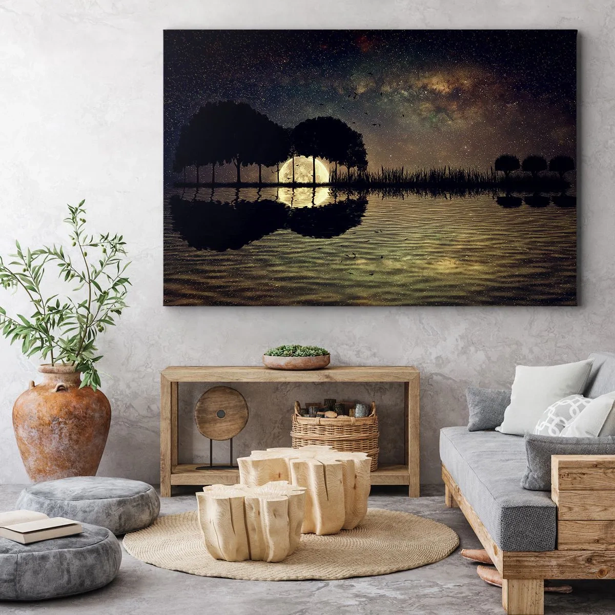 Obraz na płótnie - Magiczna noc z drzewami i odbiciem księżyca na wodzie - 120x80cm - Noc na krańcu świata - Nowoczesna dekoracja ścienna do salonu, kuchni i sypialni ARTTOR