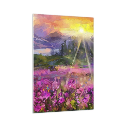 Obraz na szkle - Malownicza łąka w promieniach zachodzącego słońca - 70x100cm - W dolinie pod opieką słońca - Nowoczesna dekoracja ścienna do salonu i sypialni ARTTOR