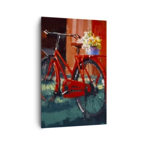 Obraz na płótnie - Czerwony rower z kwiatami w tle pomarańczowej ściany - 80x120cm - I want to ride my bicycle - Nowoczesna dekoracja ścienna do salonu i sypialni ARTTOR