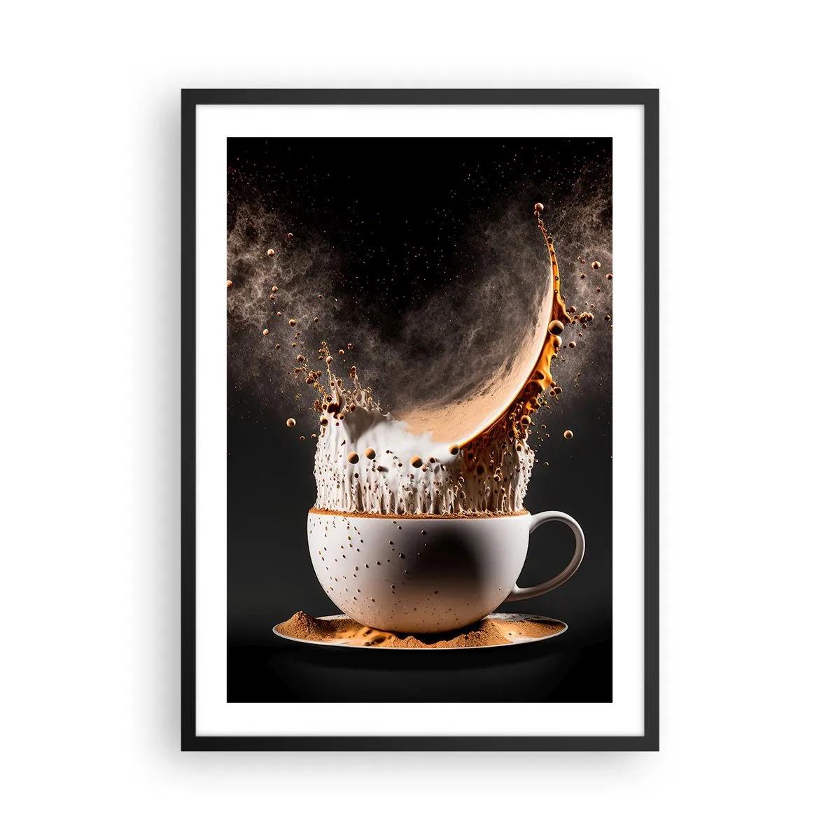 Plakat w czarnej ramie - Dynamiczna eksplozja kawy w filiżance - 50x70cm - Eksplozja smaku - Nowoczesna dekoracja ścienna do salonu i sypialni ARTTOR