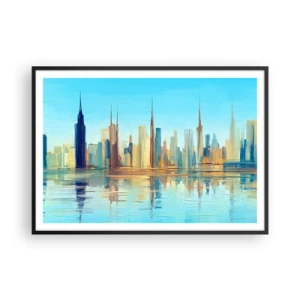 Plakat w czarnej ramie - Panorama miasta w ciepłych barwach z odbiciem w wodzie - 100x70cm - Słoneczna metropolia - Nowoczesna dekoracja ścienna do salonu i sypialni ARTTOR