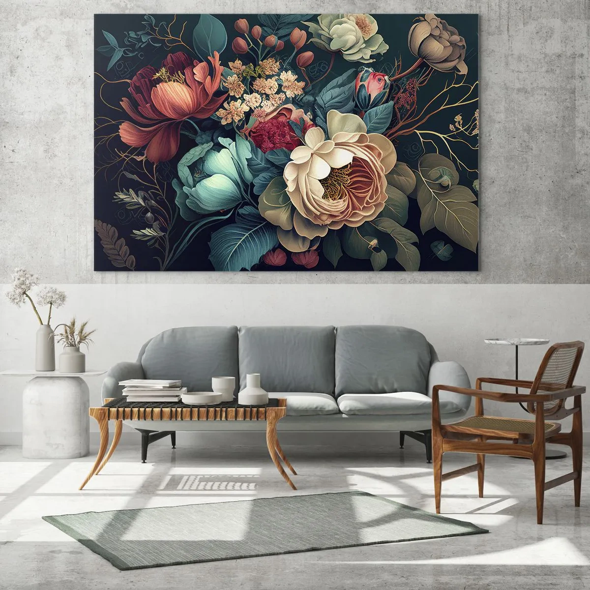 Obraz na szkle - Bukiet kwiatów w stylu vintage na ciemnym tle - 100x70cm - XIX-wieczny czar - Nowoczesna dekoracja ścienna do salonu, kuchni i sypialni ARTTOR