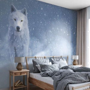 Fototapeta Premium Canvas - Biały wilk w śnieżnej scenerii - 100x70cm - W zimowym duchu - Nowoczesna dekoracja ścienna do salonu i sypialni ARTTOR