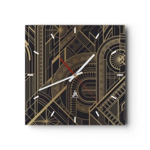 Zegar ścienny - Złote geometryczne wzory na czarnym tle w stylu art deco - 30x30cm - Koncepty, idee, plany - Nowoczesna dekoracja ścienna do salonu i sypialni ARTTOR