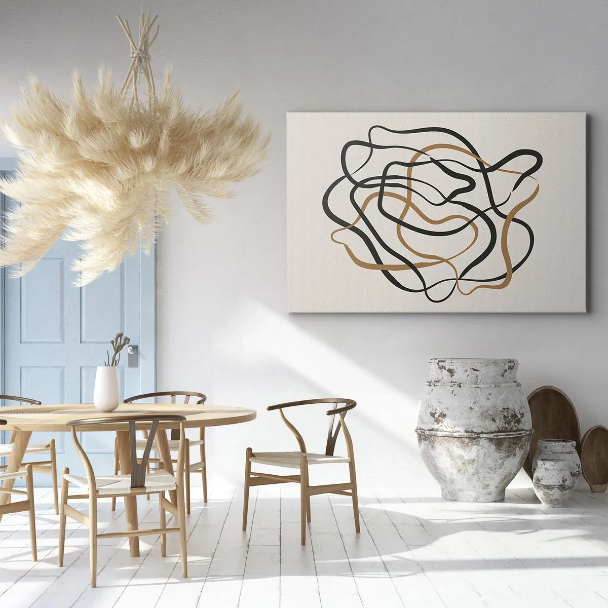 Obraz na płótnie - Splątane linie w czerni i złocie na jasnym tle - 120x80cm - Wszystko się pokręciło - Nowoczesna dekoracja ścienna do salonu, kuchni i sypialni ARTTOR