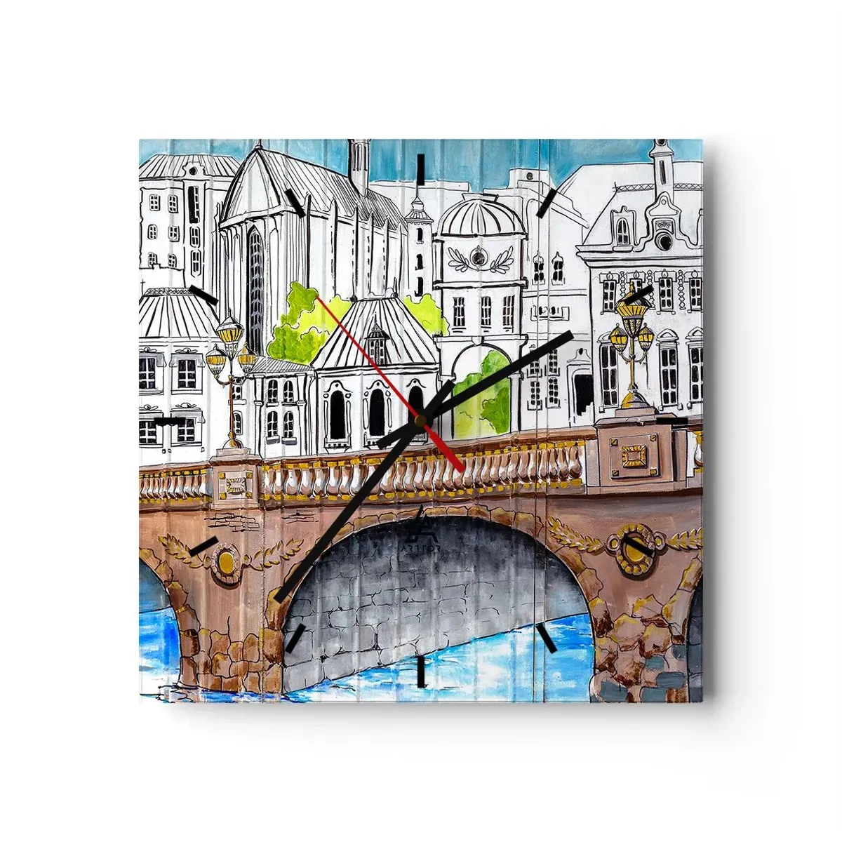 Zegar ścienny - Rysunek mostu i zabytkowej architektury miejskiej - 30x30cm - Miasto jak malowane - Nowoczesna dekoracja ścienna do salonu i sypialni ARTTOR