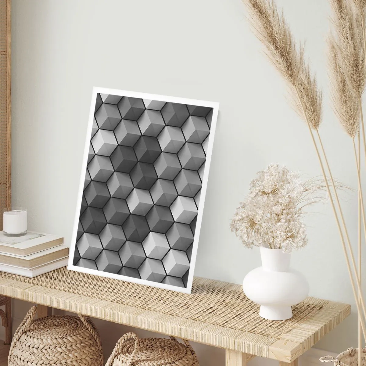 Plakat - Czarno-biała kompozycja geometrycznych sześcianów 3D - 50x70cm - Kubistyczna układanka - Nowoczesna dekoracja ścienna do salonu, kuchni i sypialni ARTTOR