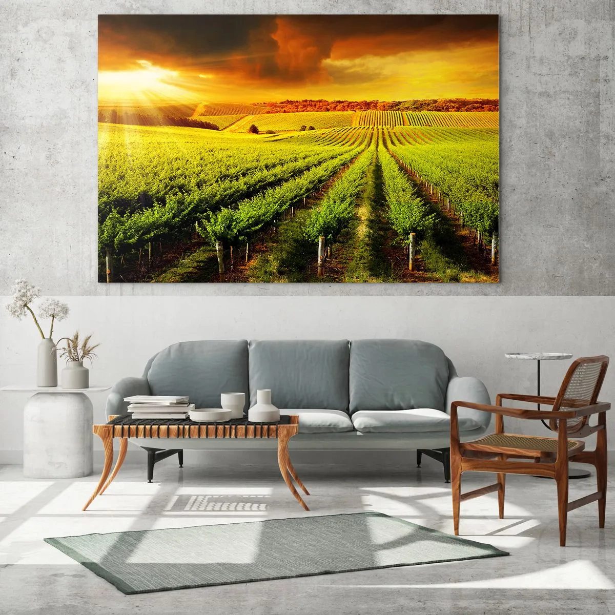 Obraz na szkle - Winnica w świetle zachodzącego słońca - 120x80cm - Pod australijskim słońcem - Nowoczesna dekoracja ścienna do salonu, kuchni i sypialni ARTTOR