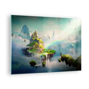 Obraz na szkle - Latające wyspy w chmurach z tęczą i wodospadami - 70x50cm - Śródniebie - wyspy szczęśliwe - Nowoczesna dekoracja ścienna do salonu i sypialni ARTTOR