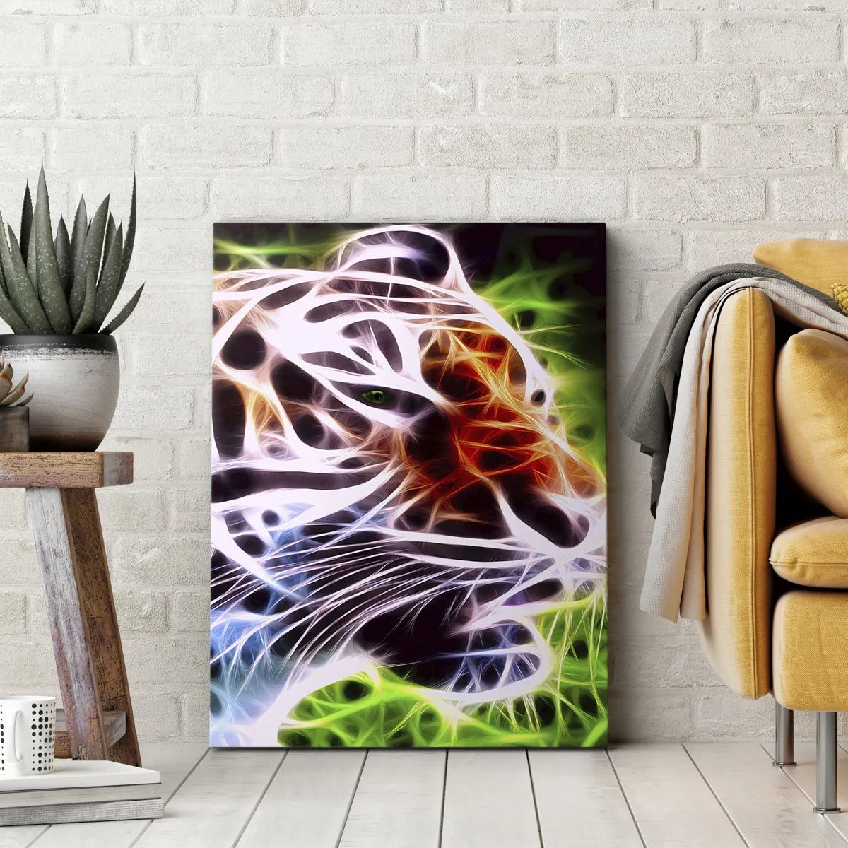 Obraz na płótnie - Kolorowy artystyczny portret tygrysa w neonowym stylu na czarnym tle - 80x120cm - Groźna aura - Nowoczesna dekoracja ścienna do salonu i sypialni ARTTOR