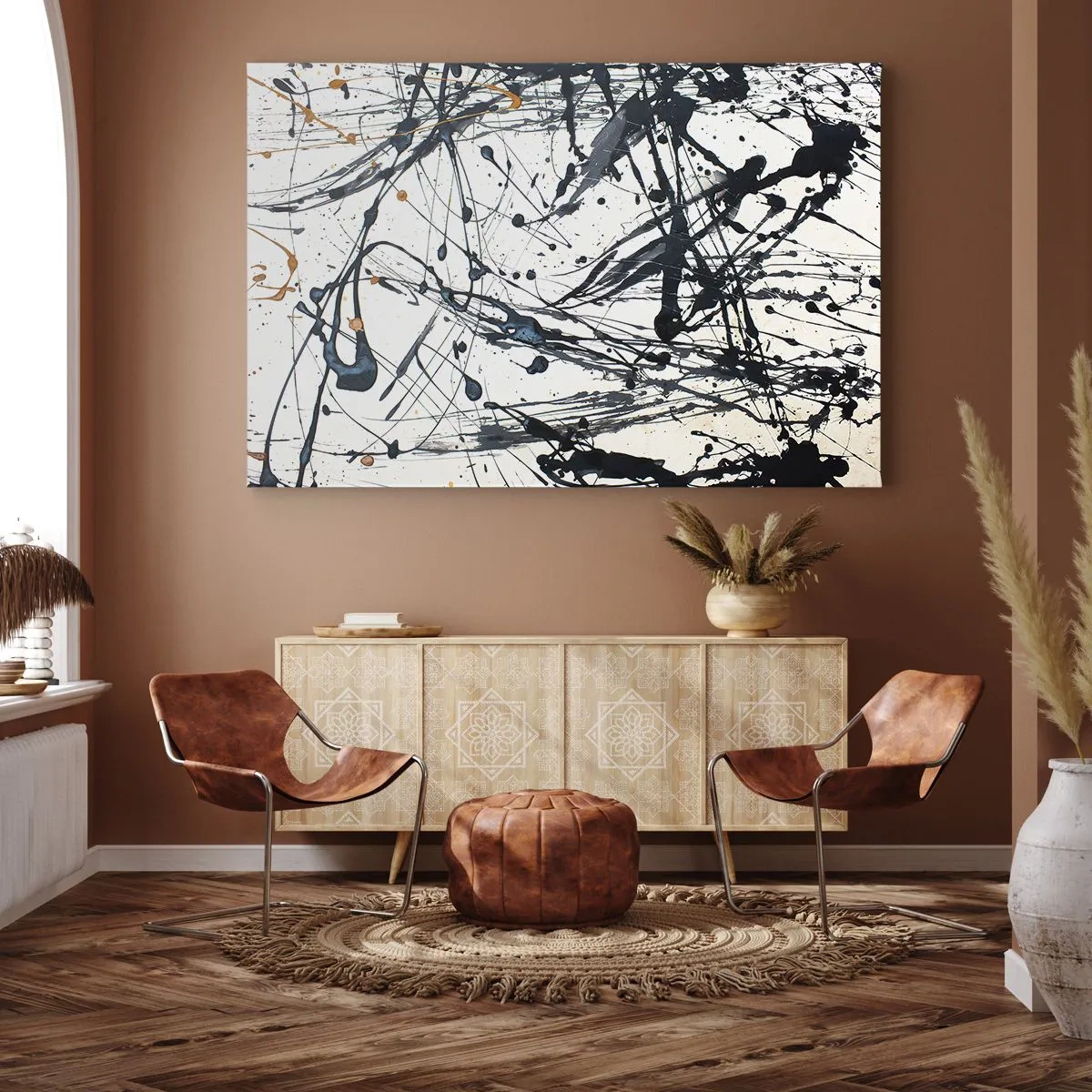 Obraz na płótnie - Abstrakcyjny wzór malarski z dynamicznymi liniami i plamami - 70x50cm - Z sensem czy bez sensu? - Nowoczesna dekoracja ścienna do salonu i sypialni ARTTOR