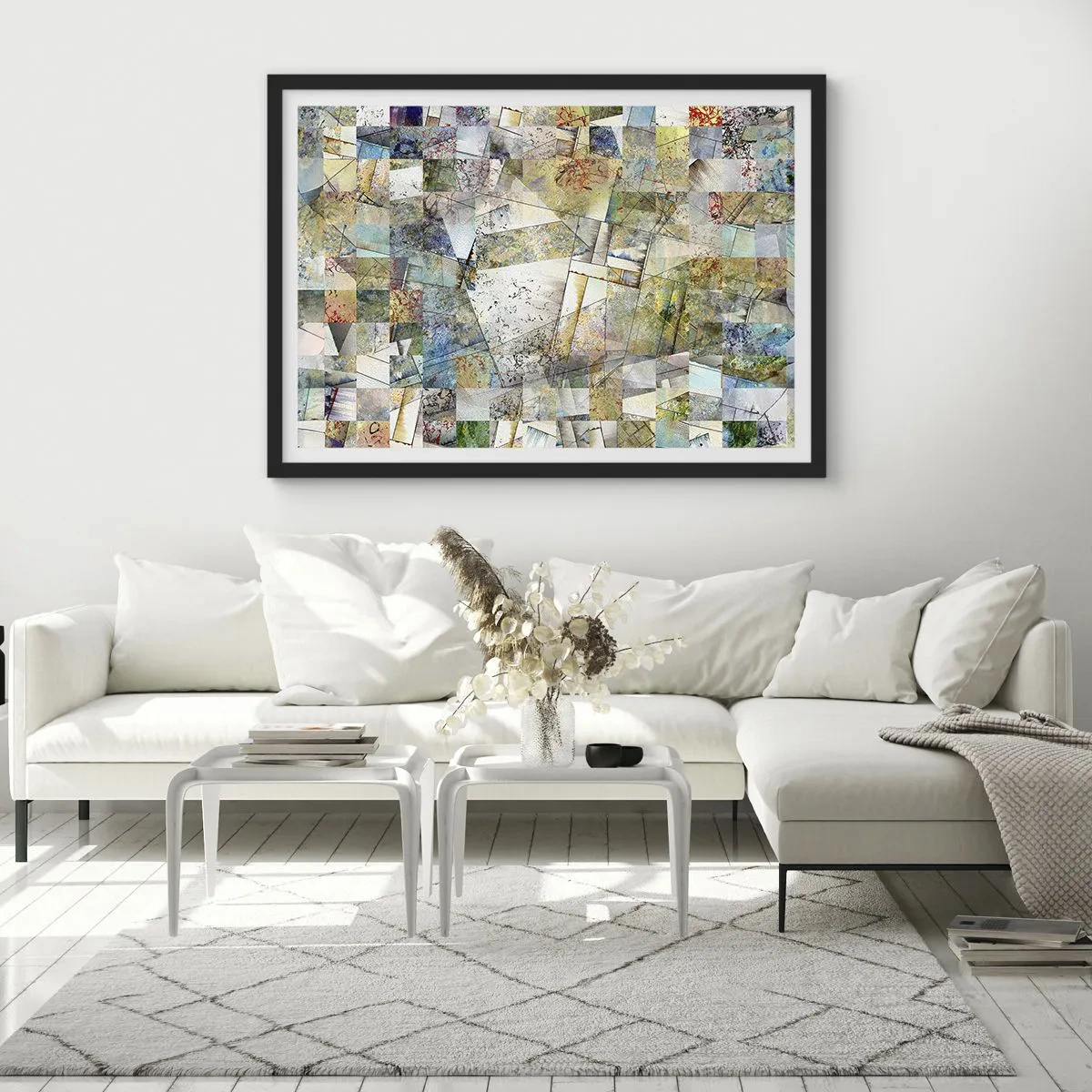 Plakat w czarnej ramie - Kolorowa abstrakcja z geometrycznymi kształtami i liniami - 70x50cm - Geometryczne przetasowanie - Nowoczesna dekoracja ścienna do salonu i sypialni ARTTOR