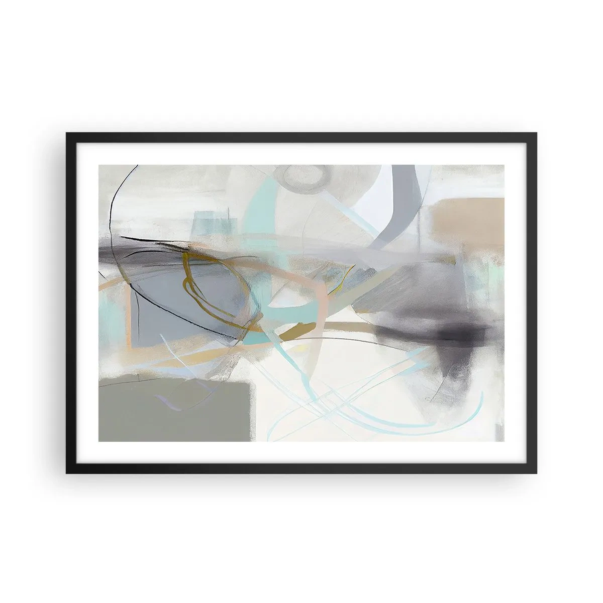 Plakat w czarnej ramie - Pastelowa abstrakcja z delikatnymi liniami - 70x50cm - Abstrakcja zamglona - Nowoczesna dekoracja ścienna do salonu i sypialni ARTTOR