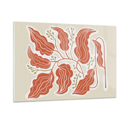Obraz na szkle - Koralowe liście z ludowym wzorem na jasnym tle - 120x80cm - Ludowo i koralowo - Nowoczesna dekoracja ścienna do salonu, kuchni i sypialni ARTTOR