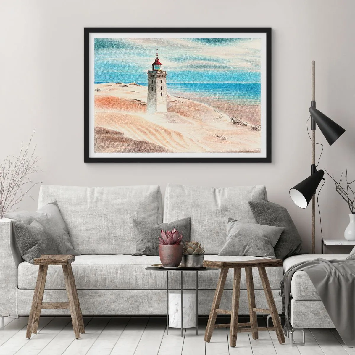 Plakat w czarnej ramie - Latarnia morska w otoczeniu piaszczystych wydm i błękitnego nieba - 100x70cm - Zawsze wpatrzona w morze - Nowoczesna dekoracja ścienna do salonu i sypialni ARTTOR