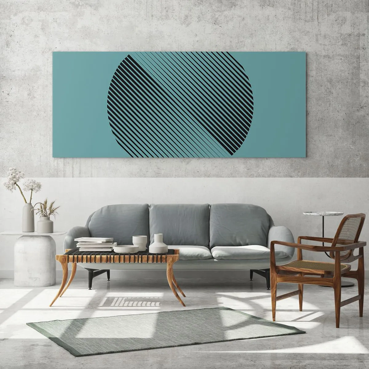 Obraz na szkle - Minimalistyczne koło z liniami na turkusowym tle - 140x50cm - Koło – geometryczna wariacja - Nowoczesna dekoracja ścienna do salonu i sypialni ARTTOR