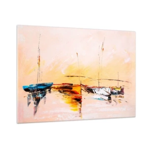Obraz na szkle - Kolorowe łodzie zacumowane na tle zachodu słońca w stylu impresyjnym - 100x70cm - Wieczór w przystani - Nowoczesna dekoracja ścienna do salonu, kuchni i sypialni ARTTOR