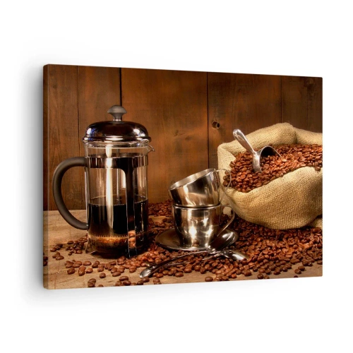 Obraz na płótnie - French press, filiżanki i worek kawy na drewnianym tle - 70x50cm - Czar kawy - aromat i smak - Nowoczesna dekoracja ścienna do salonu i sypialni ARTTOR