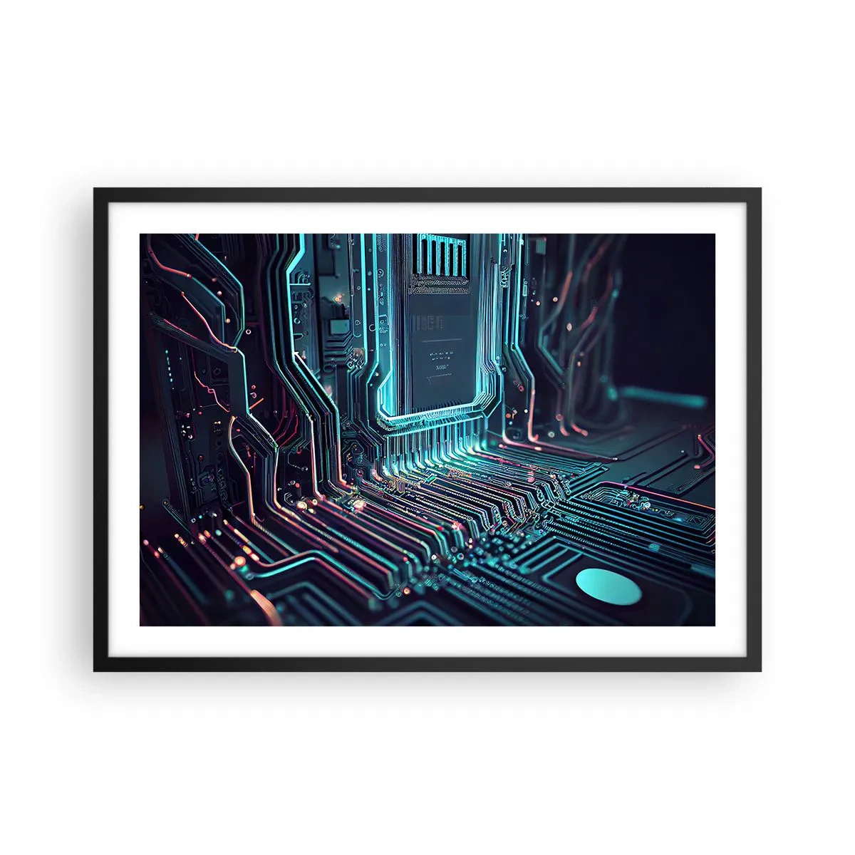 Plakat w czarnej ramie - Technologiczna płytka drukowana z podświetlonymi ścieżkami - 70x50cm - Tak sobie myślę… - Nowoczesna dekoracja ścienna do salonu i sypialni ARTTOR