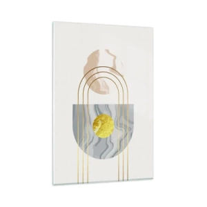 Obraz na szkle - Abstrakcyjna kompozycja z okręgami i złotymi liniami na jasnym tle - 80x120cm - Jasność i blask - Nowoczesna dekoracja ścienna do salonu i sypialni ARTTOR